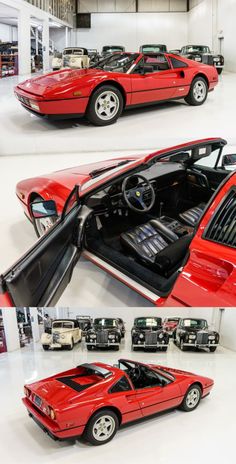 the inside and outside of a red sports car