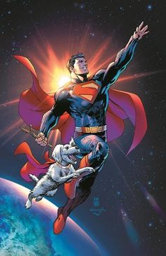 superman flying over the earth with his dog on his back, in front of him
