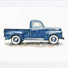Watercolor illustration of a dark blue F1 style classic pickup truck, set against a white background with a subtle shadow.