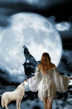 a woman in white dress standing next to a dog with full moon and clouds behind her