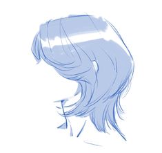 a drawing of a woman's head with long hair and bangs in blue ink