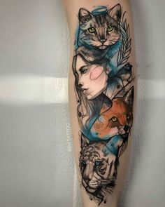 a woman's leg with tattoos on it and an image of a cat in the middle