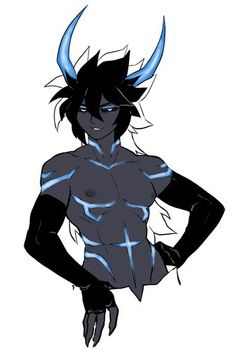 an anime character with blue hair and horns on her head, standing in front of a white