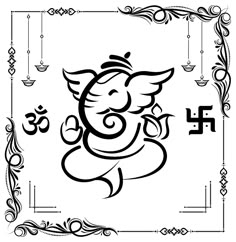 an elephant with the word ganesh on it's face in black and white