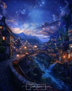 the night sky is full of stars and lights above a town with a river running through it