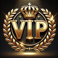 a golden crown and laurel with the word,'vip'in gold on a black background