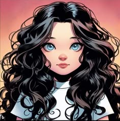 a girl with long black hair and blue eyes