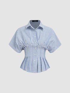 Luxury Casual Button-up Tops, Unique Pieces Clothing, Luxury Elegant Patterned Shirt, Designer Fitted Blue Shirt, Luxury Modern Button-up Tops, Luxury Casual Striped Tops, Shirt With Cinched Waist, Cinched Shirt, Luxury Pinstripe Tops For Office
