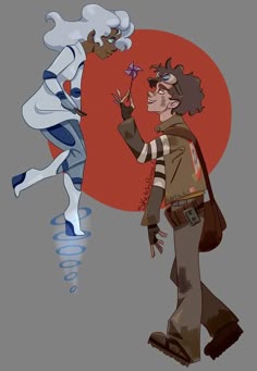 two cartoon characters are standing in front of a red and blue sun, one is pointing at the other