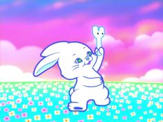 an animated rabbit holding up a carrot in the air with clouds and flowers behind it