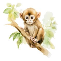 a monkey sitting on top of a tree branch with green leaves around it's neck