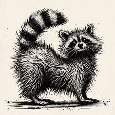 a black and white drawing of a raccoon standing on its hind legs, looking at the camera