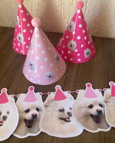 a group of dogs wearing party hats on top of a wooden table next to paper plates