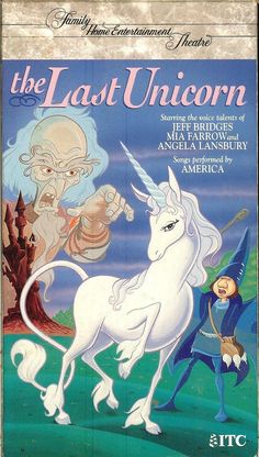 an advertisement for the last unicorn, with two cartoon characters on one side and another character on the other