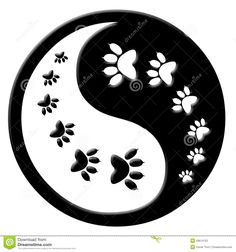 yin yang symbol with paw prints on the black and white background stock photo - image