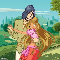 a man and woman are hugging in the park, one is wearing a pink dress