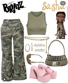 Bratz Camo, Bratz Doll Outfits Summer, Bratz Fashion Outfits, Bratz Style Inspiration, Sasha Bratz Outfits, Brats Outfit Ideas, Bratz Theme Outfit Ideas, Bratz Doll Outfits Inspiration, Brats Inspired Outfits