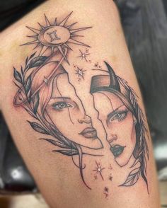 a woman's thigh with two faces and stars on the top of her leg