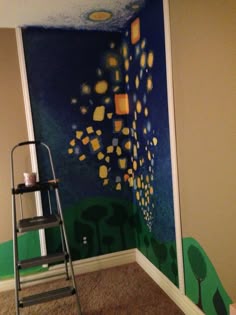 a ladder is standing in front of a painting on the wall that has been painted