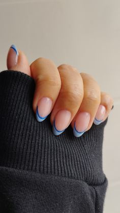 Best French Tip Colors, Carolina Blue French Tip Nails, Two Tone Blue French Tip Nails, Nails Simple Short Almond, Nails Blue Tip, Double French Nail, Sky Blue French, Nails Simple Design Almond, Nails Colored French Tip