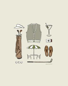 an assortment of golf accessories including a hat, umbrella and shoes