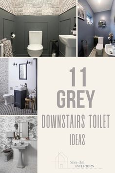 grey and white bathroom decor with text overlaying the top ten gray downstairs toilet ideas