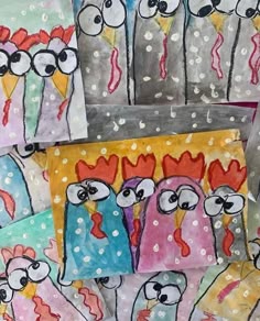 several paintings of chickens are on display in front of each other, one is painted with acrylic paint and the other has been drawn with colored pencils