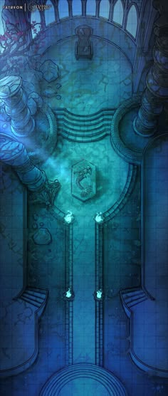 an image of the inside of a building with blue light coming from its windows and doors