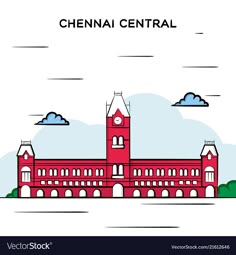 a red building with the words chennai central on it and clouds in the background