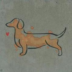 a drawing of a dog on the side of a cement wall with red dots around it