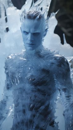 a man with white hair standing in front of ice