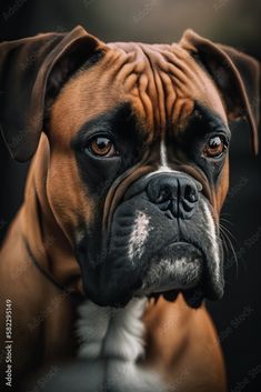 a brown and white boxer dog looking at the camera with an intense look on his face