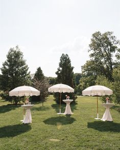 three white umbrellas sitting on top of a lush green field