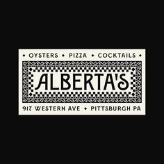 a black and white label with the word albert's on it in checkerboard