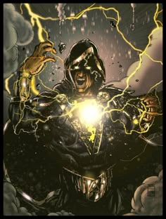 a comic book cover with a man holding his hands up in the air and lightning behind him