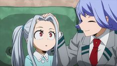 two anime characters sitting next to each other in front of a green chair with their hands on their head