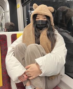 Bear Hat Outfit, Erica Ha Scarf, Tracy Sohn Outfits, Saranghae Tracy Outfits Winter, Cozy Winter Teddy Bear Outfit, Korean Puffer, Teddy Bear Balaclava, Bear Scarf Jennie, Bear Hat Winter