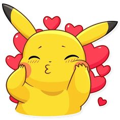 a cartoon pikachu with hearts on its back and eyes closed, sitting in front of a white background