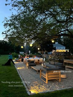 people are sitting at tables and chairs under the shade of a large tree in a park