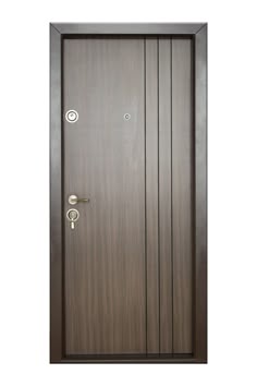 a wooden door with two locks on the front and side doors, both in dark wood