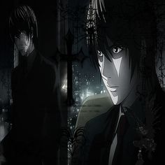 two anime characters standing next to each other in front of a cityscape at night