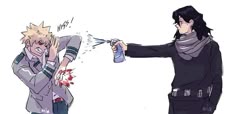 two anime characters one is spraying the other with something