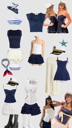 many different types of dresses and hats on display in a photo studio, including sailor's outfits