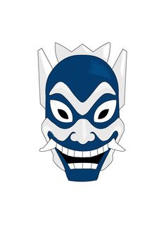 a blue mask with white teeth and fangs on it's face, in the shape of a demon