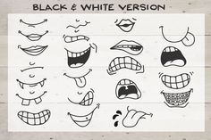 black and white cartoon faces with different expressions on wood planked background, eps file available