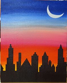 an acrylic painting of a city skyline at sunset