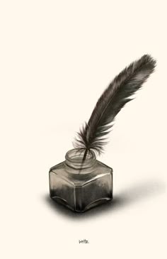 a feather is sitting on top of a glass container