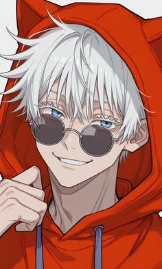 a man with white hair wearing sunglasses and a red hoodie