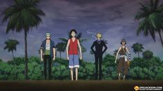 anime characters standing in front of palm trees with clouds and sky behind them at night