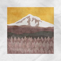 an abstract landscape with mountains and trees in the foreground, painted on white paper